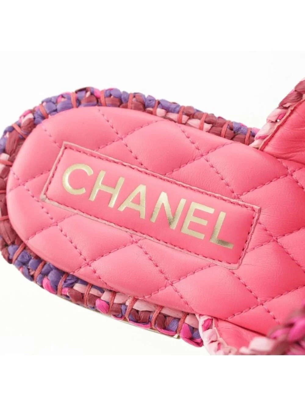 Chanel Leather Tweed CC Logo Chain Flat Sandals Pink 37C